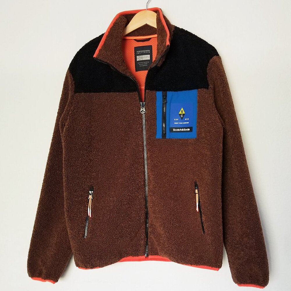 Scotch & Soda Zip-Up Color Block Teddy Fleece Jacket Brown Black Men's M $195 - Picture 5 of 16